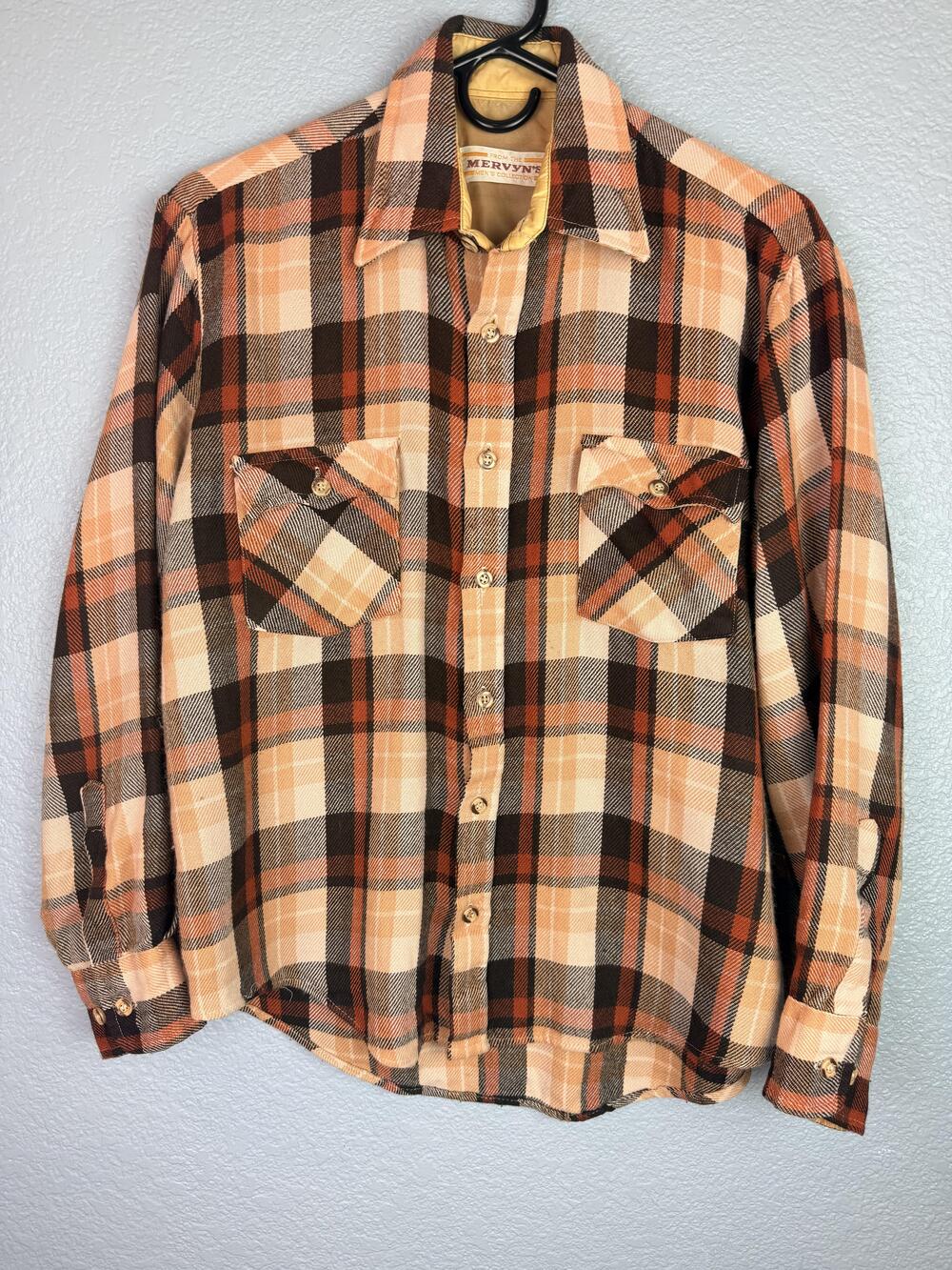 Vintage Mervyn's Shirt Mens Medium Brown Plaid Flannel Lined Acrylic Casual 70s